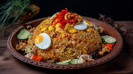 Pineapple fried rice with egg and vegetables on wooden background.の素材