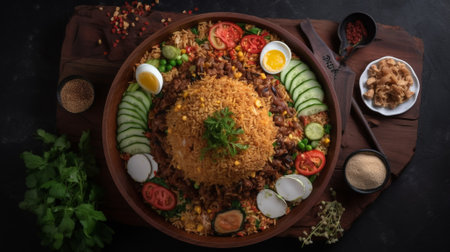 Nasi goreng, malaysian food, served in a bowl, AI generateの素材