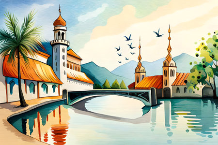 Sketch of the church and the bridge over the river.の素材