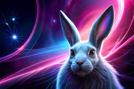 Rabbit in cosmic space with glowing lines. 3D rendering.の素材