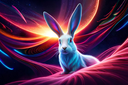 Illustration of a white rabbit on abstract background with colorful lights.の素材