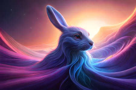 3D rendering of a hare against the background of an abstract skyの素材