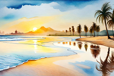 Tropical beach with palm trees at sunset. Digital watercolor paintingの素材