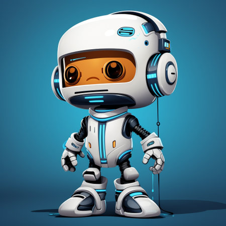 Cute little robot with headphones isolated on blue background. Vector illustration.の素材