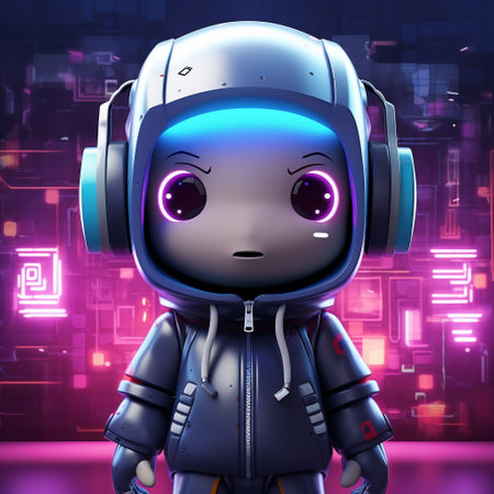 Cute robot listening to music with headphones. 3D rendering.の素材