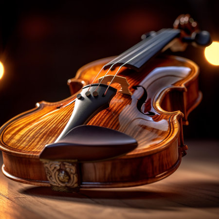 violin on wooden table with bokeh lights in the backgroundの素材