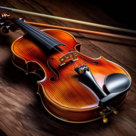 violin and bow on a wooden background, close-up.の素材