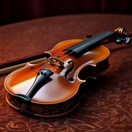 violin on a brown background with a bow, close-upの素材
