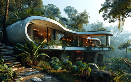 Exterior of a modern house in the jungle. 3D renderingの素材