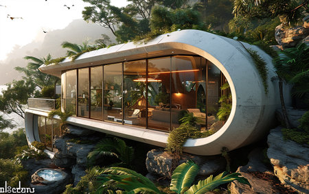 3D rendering of a modern villa in a tropical garden.の素材