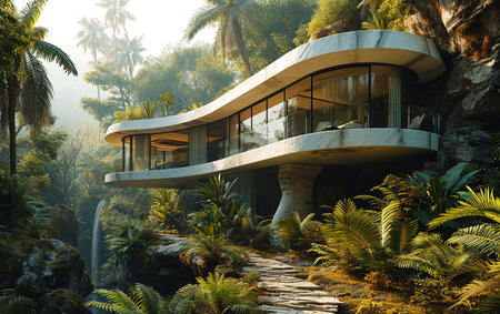3d render of a modern house in the jungle with palm treesの素材