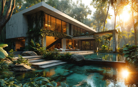 3d rendering of modern cozy house with pool and parking for sale or rent in luxurious style. Sunset with soft light.の素材