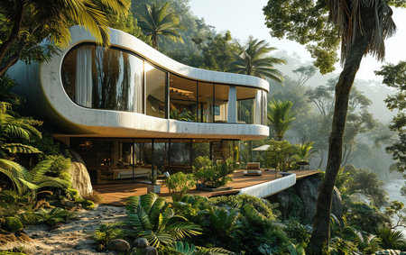 3d render of modern house in the jungle with palm trees.の素材