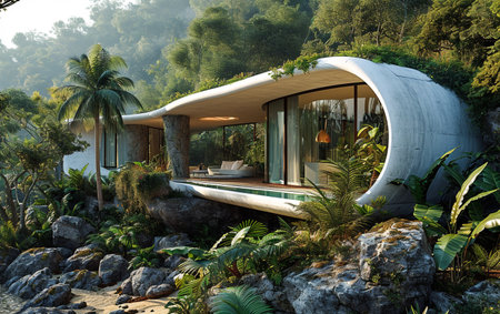 3D render of a modern villa in the middle of tropical jungleの素材