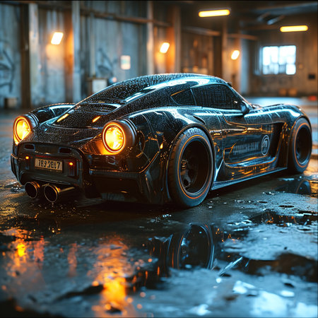 Black sports car on a wet road at night. 3d renderingの素材