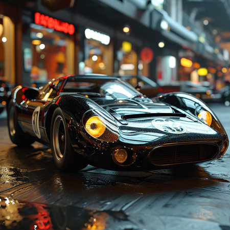 Black vintage sports car on the street in the evening. 3d renderingの素材