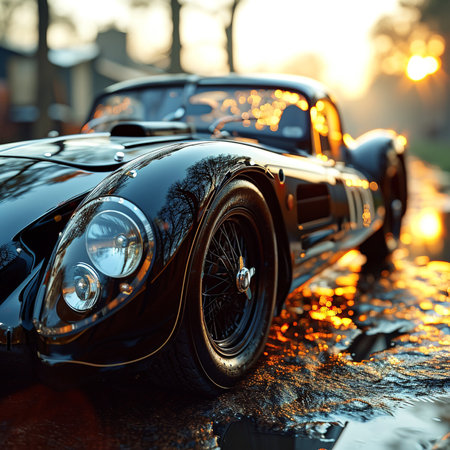 Black vintage car in the rain at sunset. Close-up.の素材
