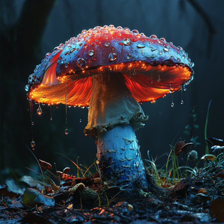 Fantasy amanita mushroom in the forest. 3d illustrationの素材