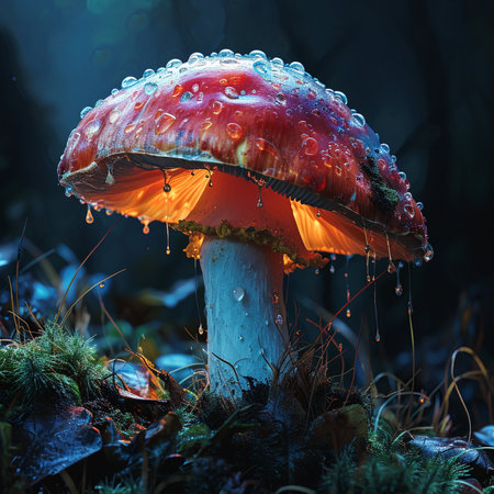 Fantasy amanita mushroom with water drops in the dark forestの素材