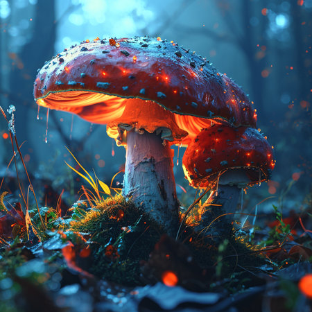 Amanita muscaria mushrooms in the forest, illuminated by sunlightの素材