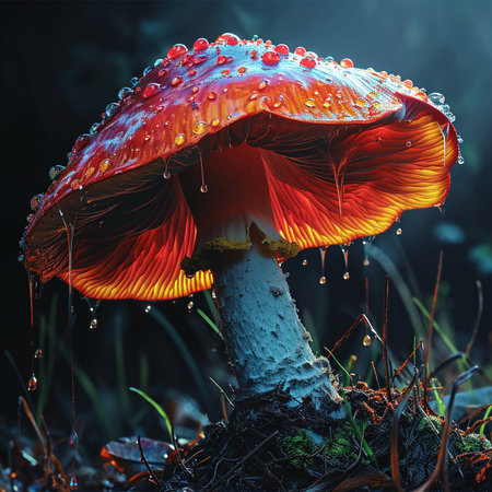 fly agaric in the forest with water drops, 3d illustrationの素材
