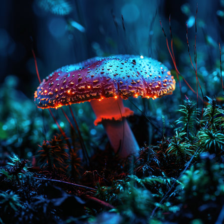 Amanita muscaria mushroom in the dark forest at nightの素材