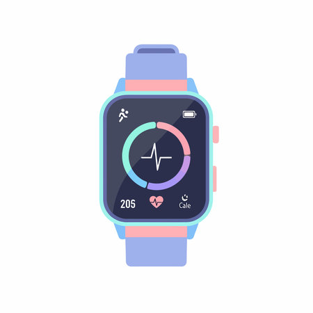 A close-up view of a modern smartwatch with a dark screen displaying a heart rate graph, activity rings, and battery indicator.のイラスト素材