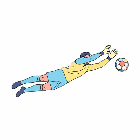 A stylized cartoon goalkeeper in a yellow jersey and blue shorts dives mid-air, reaching with gloved hands to save a colorful, patterned soccer ball.のイラスト素材