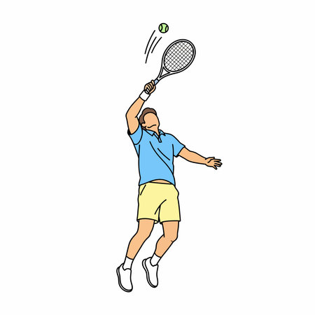Illustration of a tennis player in action, serving the ball with a racket. The player is wearing a blue shirt and yellow shorts.のイラスト素材