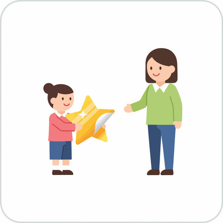 A flat design illustration of a happy child offering a large, sparkling gold star to a woman in a green sweater, who is reaching out to accept the gift or reward.のイラスト素材