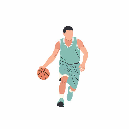A stylized illustration of a basketball player in a teal sleeveless jersey and shorts, dribbling an orange basketball. The player is in motion, legs slightly apart.のイラスト素材