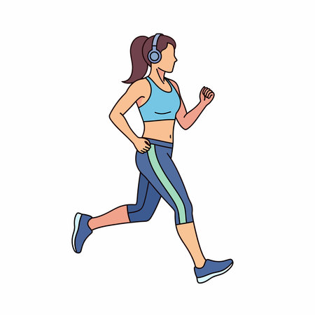 A woman in sportswear runs, wearing headphones. She is in motion, with a dynamic pose, and wearing blue and green athletic wear.のイラスト素材