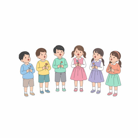 Six diverse children standing upright, holding small colorful flowers, with wide eyes and open mouths, dressed in various casual outfits.のイラスト素材