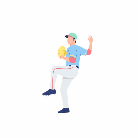 Male baseball pitcher in light blue jersey, white pants, and yellow glove, captured mid-pitch with raised arm and leg, flat vector illustration.のイラスト素材