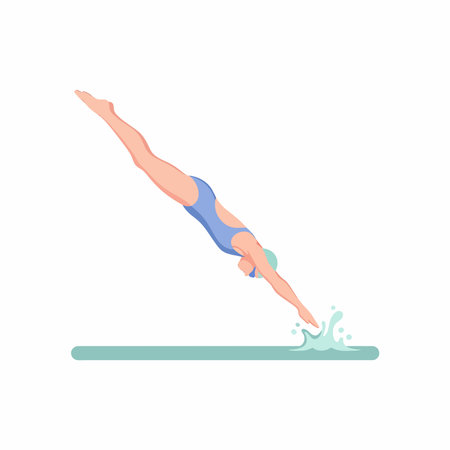 Full-body illustration of a person in a blue swimsuit and light blue cap, mid-dive into water, with arms extended and legs together, generating a splash.のイラスト素材