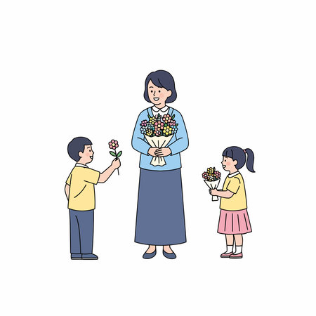 A line art illustration of a smiling woman holding a large bouquet, with a boy offering a flower and a girl holding a small bouquet, all dressed in simple colorful clothes.のイラスト素材