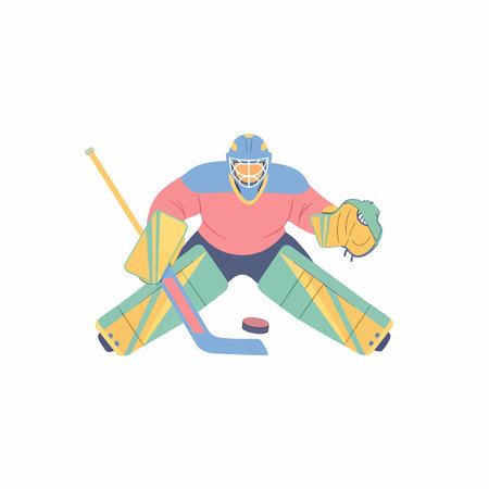 A cartoon hockey goalie crouched, wearing vibrant gear, ready to catch a puck.のイラスト素材