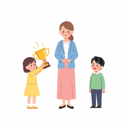 Cartoon illustration of a woman in a blue jacket with two children, one holding a golden trophy with light rays.のイラスト素材