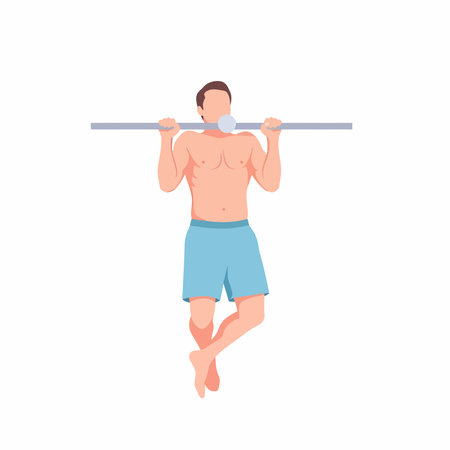 Strong man in blue shorts performing a chin-up on a horizontal bar, showcasing upper body strength...