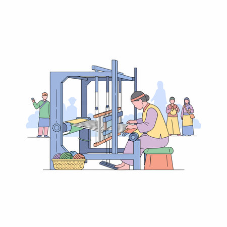 A focused woman in traditional pastel clothing sits at a large blue loom, weaving fabric. Her hands guide the shuttle, and a basket of colorful yarn sits beside her.のイラスト素材