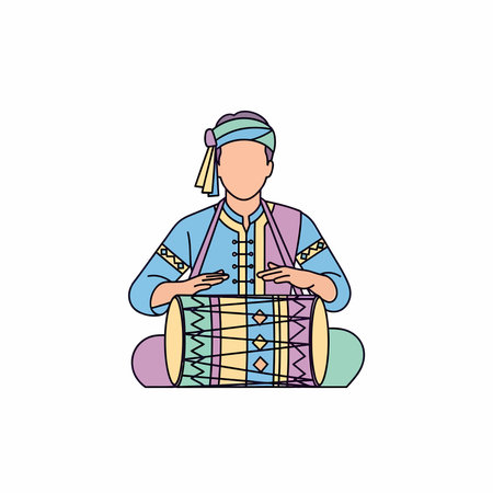 Line art illustration of a man in a blue tunic and turban, seated and playing a colorful, patterned dholak drum with both hands.のイラスト素材
