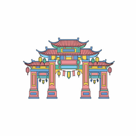 A symmetrical illustration of a traditional Chinese archway in pastel pink, blue, and yellow, featuring tiered tiled roofs, hanging lanterns, and decorative banners.のイラスト素材