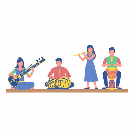 A flat vector illustration of four musicians: a woman playing sitar, a man with a tabla, a woman with a flute, and a man playing a djembe, all in colorful traditional attire.のイラスト素材