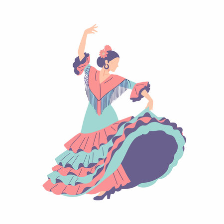 A faceless female dancer in a traditional Spanish costume with a tiered, ruffled skirt, fringed manton, and flowers in her hair.のイラスト素材