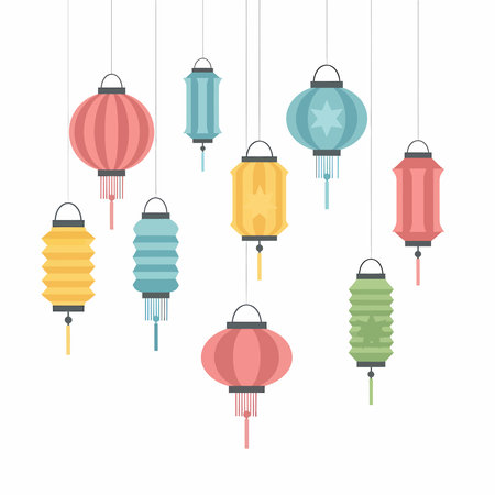 A flat vector illustration of nine hanging Asian paper lanterns in various shapes and pastel colors, some decorated with stars and tassels.のイラスト素材