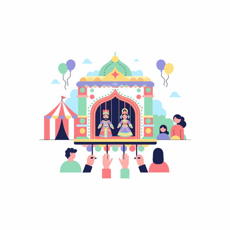 A vibrant puppet show stage featuring a king and queen marionette, with visible strings and colorful decorations, and puppeteers' hands.のイラスト素材