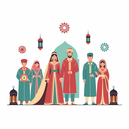 Group of people wearing traditional Middle Eastern clothing, standing with lanterns and decorative elements, in a flat vector illustration style.のイラスト素材