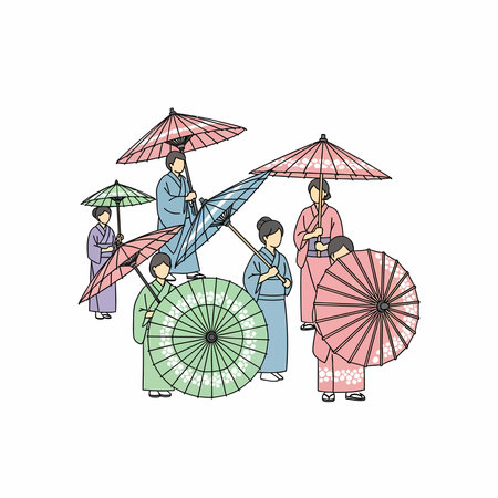 Illustration of people wearing kimonos and holding colorful decorative umbrellas with floral patterns, standing in a group.のイラスト素材