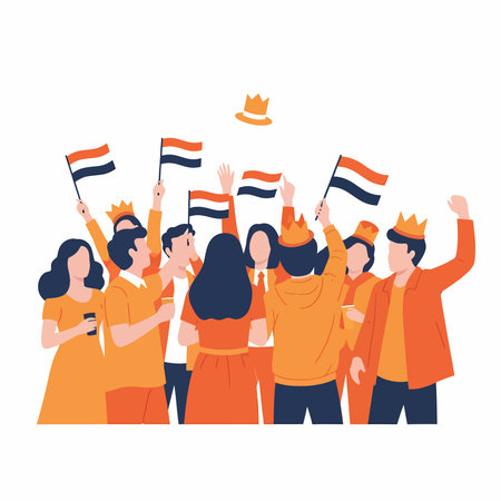 A flat vector illustration of a happy crowd celebrating, wearing orange, waving flags with orange, white, and blue stripes, and tossing a crown in the air.のイラスト素材