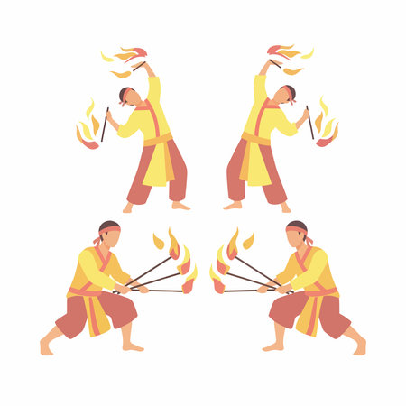 Four stylized figures in traditional attire, holding flaming torches, in dynamic poses, showcasing a fire show.のイラスト素材